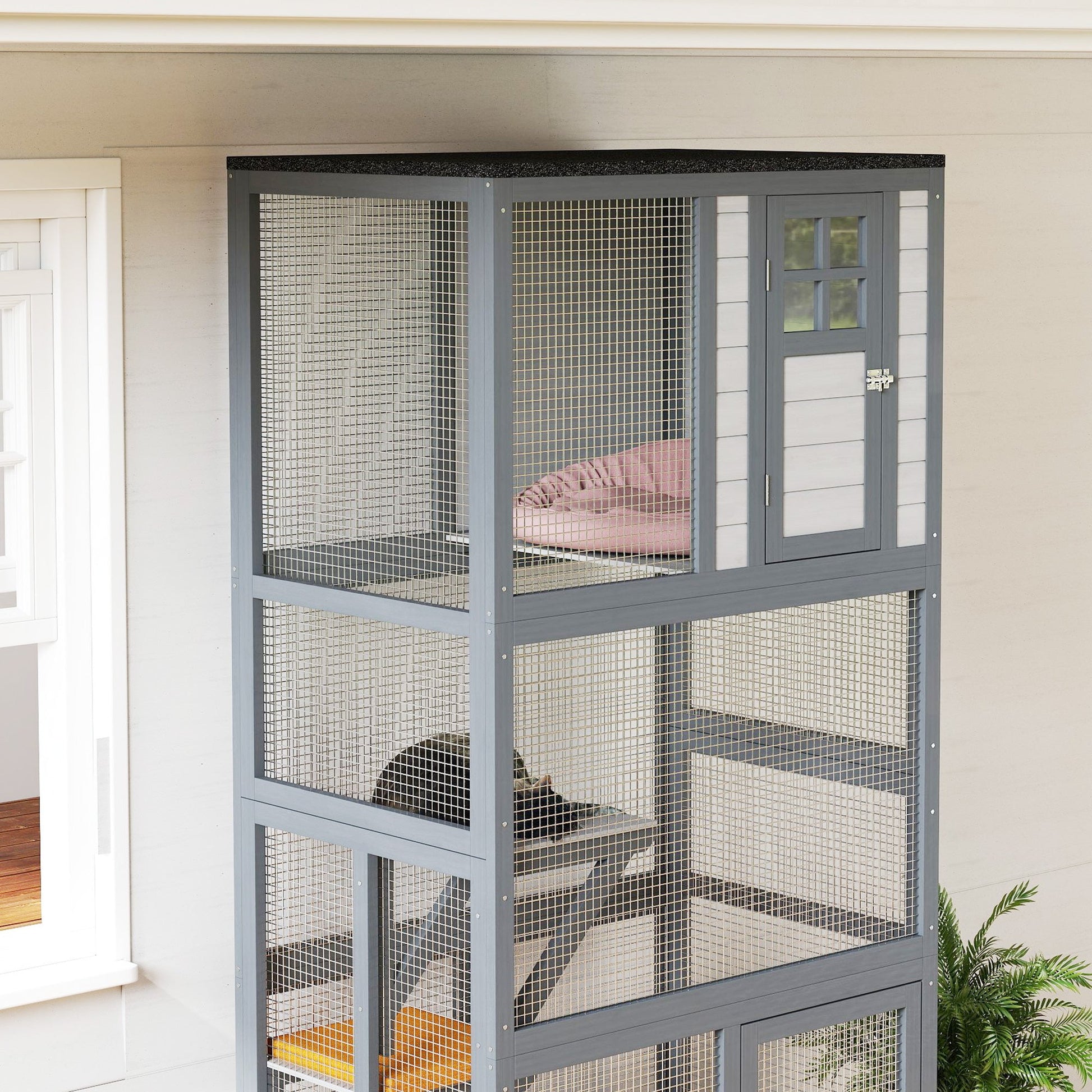 KFX-4806461 74" Dark Gray Outdoor Wooden Cat House with Perches and Weather Protection