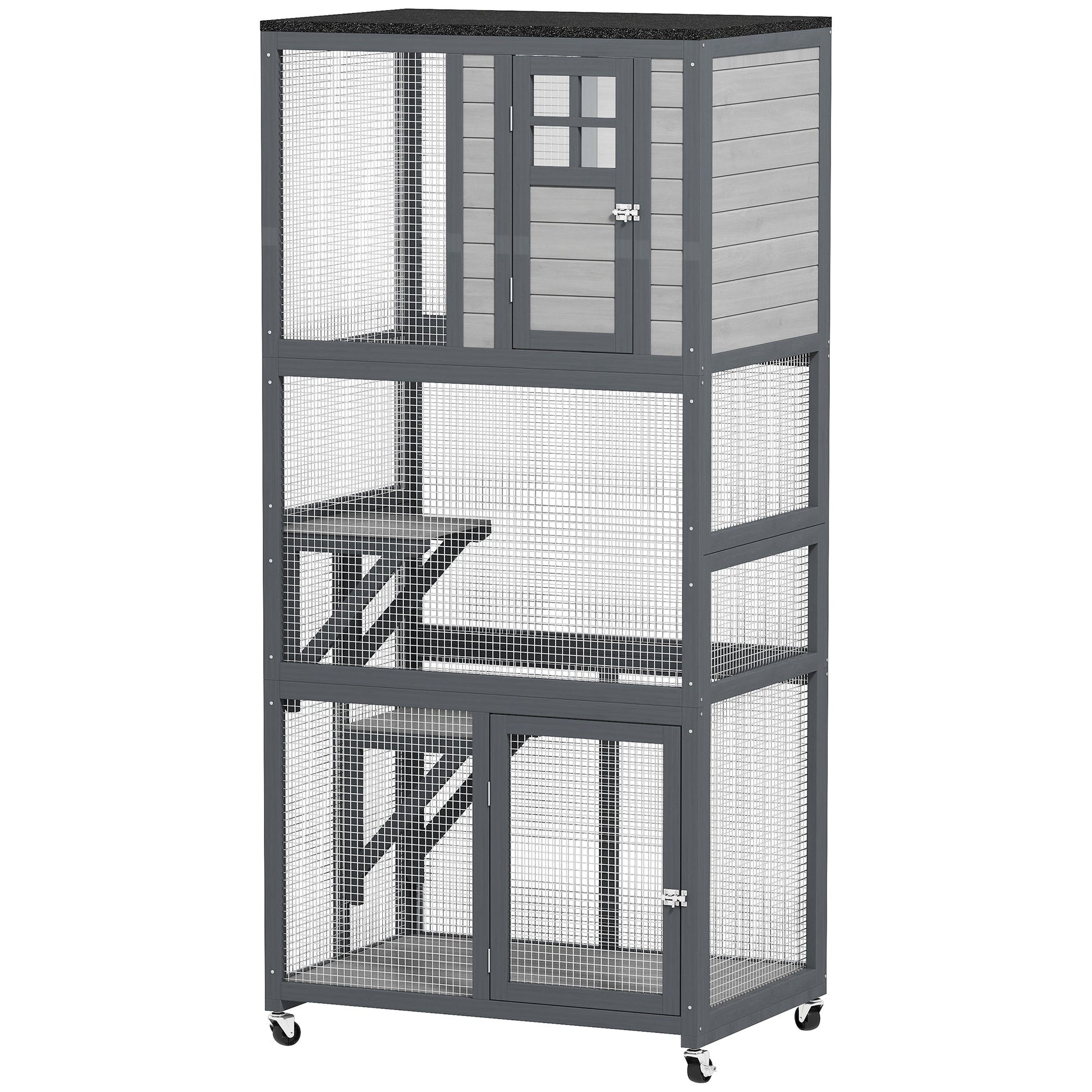KFX-4806461 74" Dark Gray Outdoor Wooden Cat House with Perches and Weather Protection