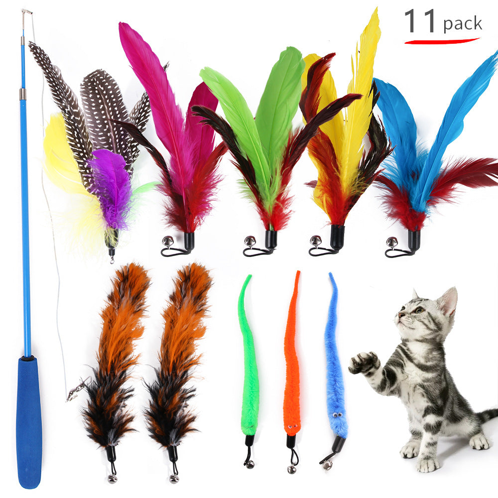 KFX-4807229 Retractable Cat Stick with Feather and Caterpillar Replacement Heads - 11 Piece Toy Set