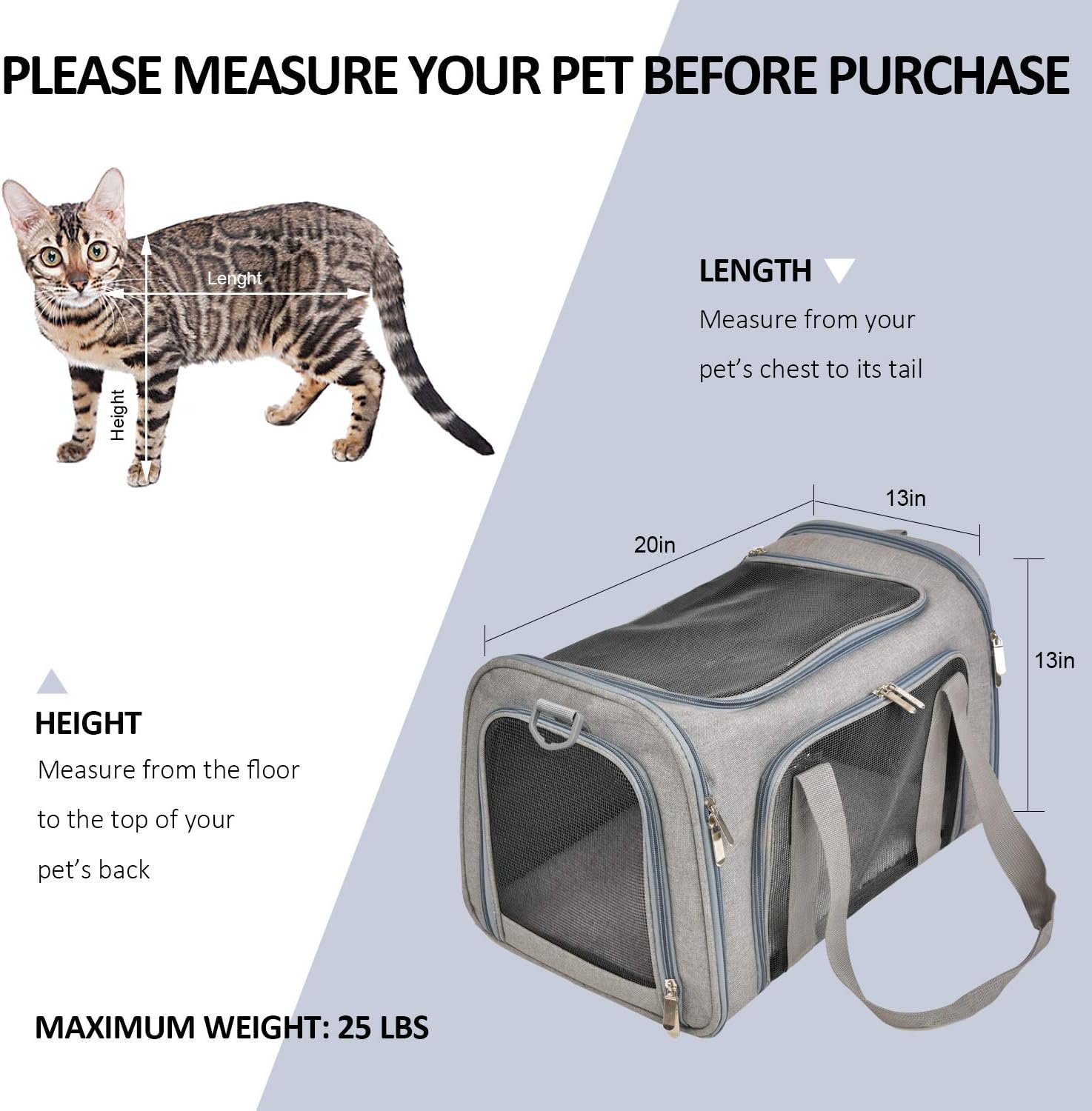 KFX-4813629 Pet Carrier for Small to Medium Animals, Soft-Sided & Collapsible Travel Bag, Airline Approved, Holds Up to 15 lbs, Grey