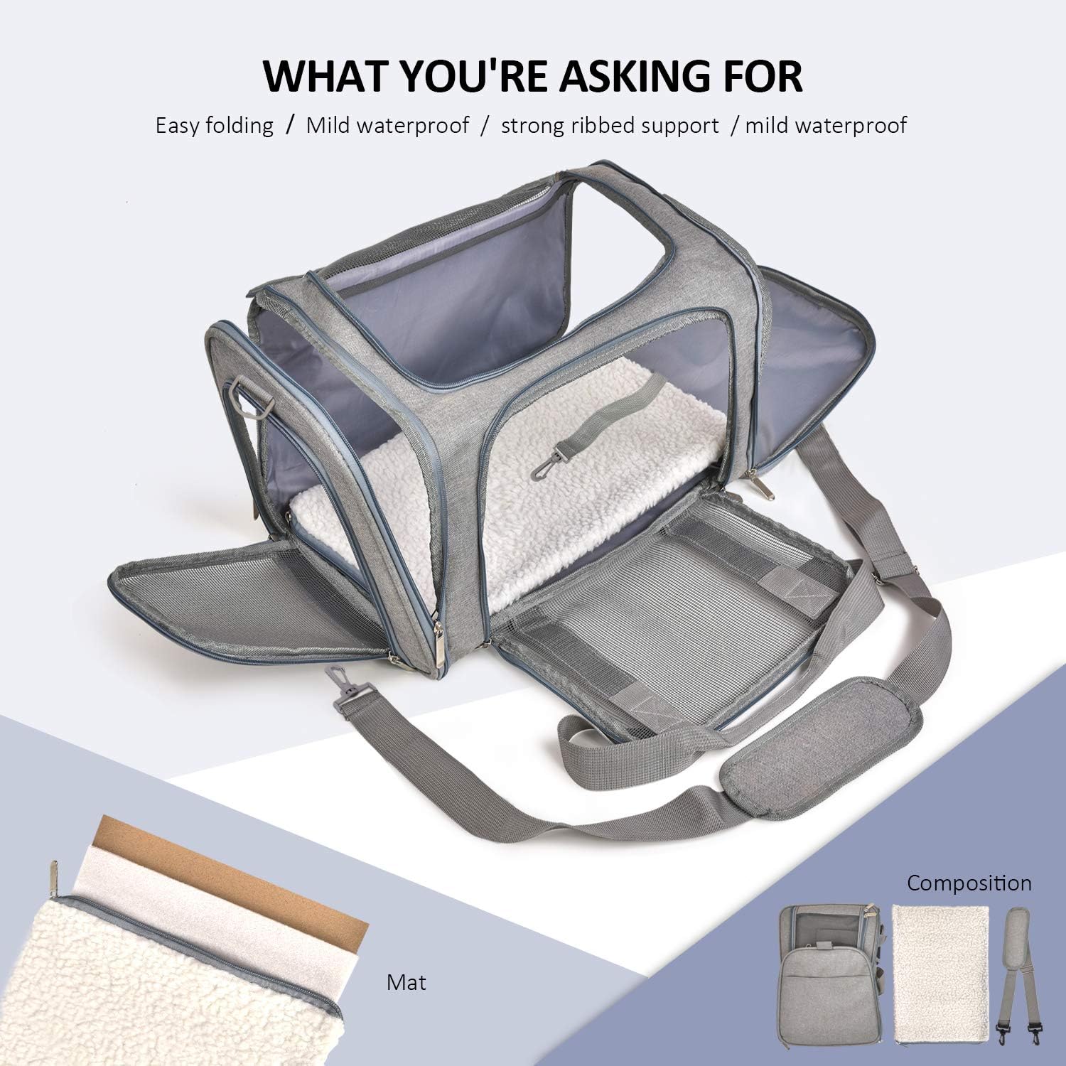 KFX-4813629 Pet Carrier for Small to Medium Animals, Soft-Sided & Collapsible Travel Bag, Airline Approved, Holds Up to 15 lbs, Grey