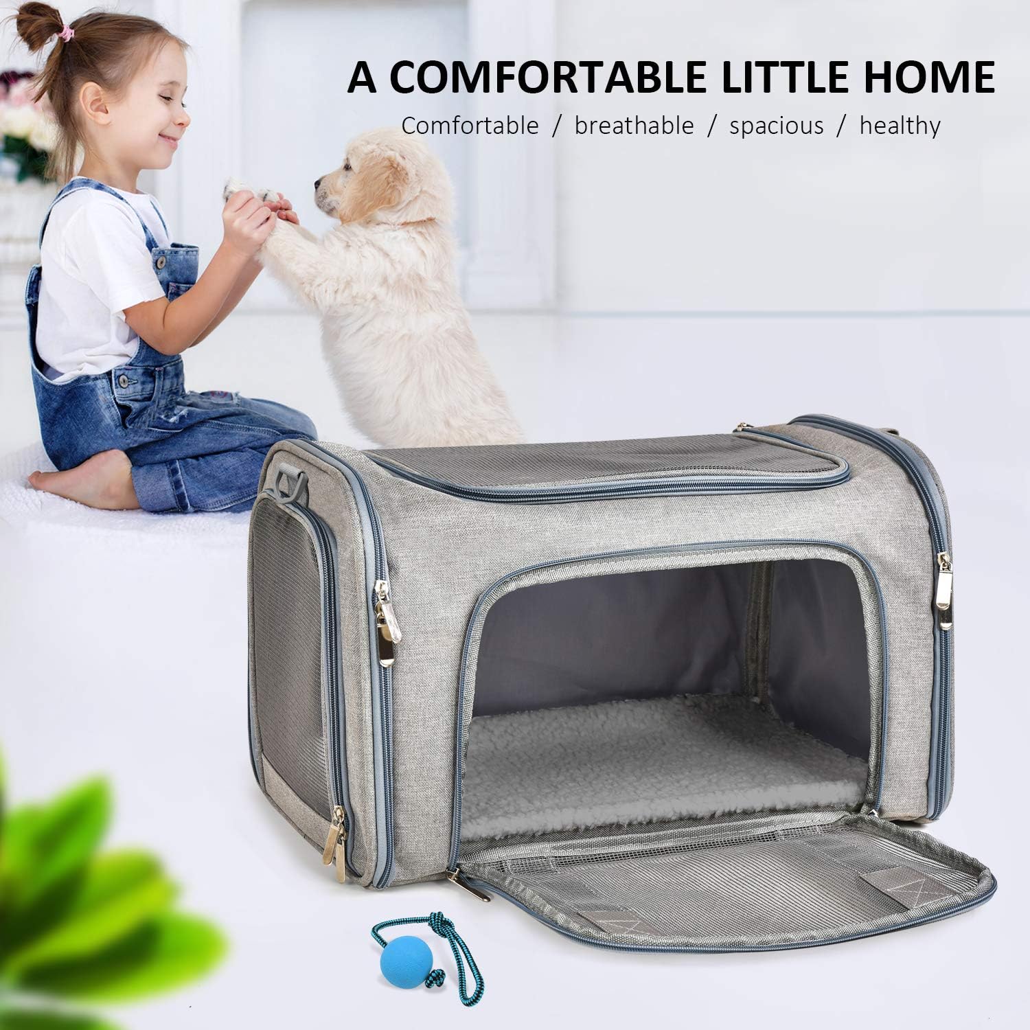 KFX-4813629 Pet Carrier for Small to Medium Animals, Soft-Sided & Collapsible Travel Bag, Airline Approved, Holds Up to 15 lbs, Grey