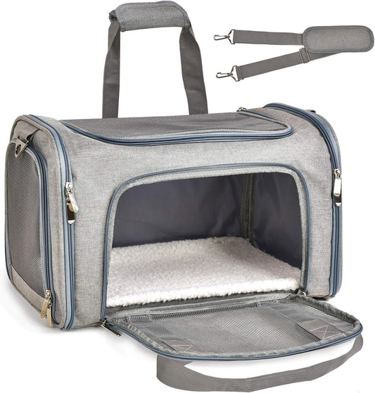 KFX-4813629 Pet Carrier for Small to Medium Animals, Soft-Sided & Collapsible Travel Bag, Airline Approved, Holds Up to 15 lbs, Grey