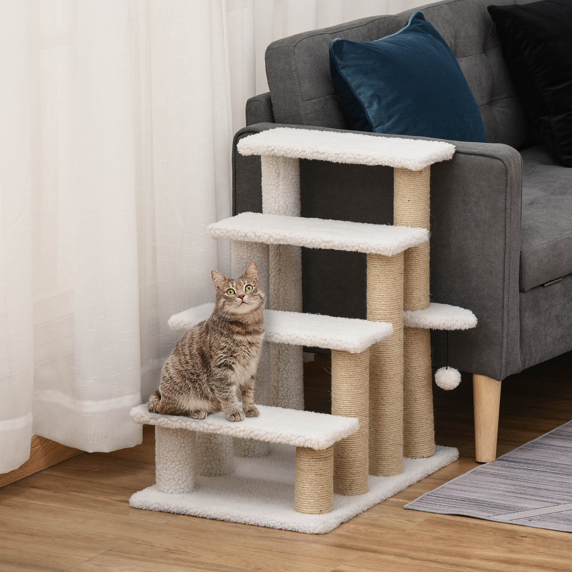 KFX-4815421 4-Level Cat Steps with Scratching Posts for Easy Access to Beds and Sofas - White