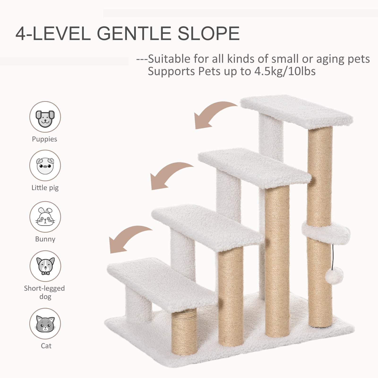 KFX-4815421 4-Level Cat Steps with Scratching Posts for Easy Access to Beds and Sofas - White