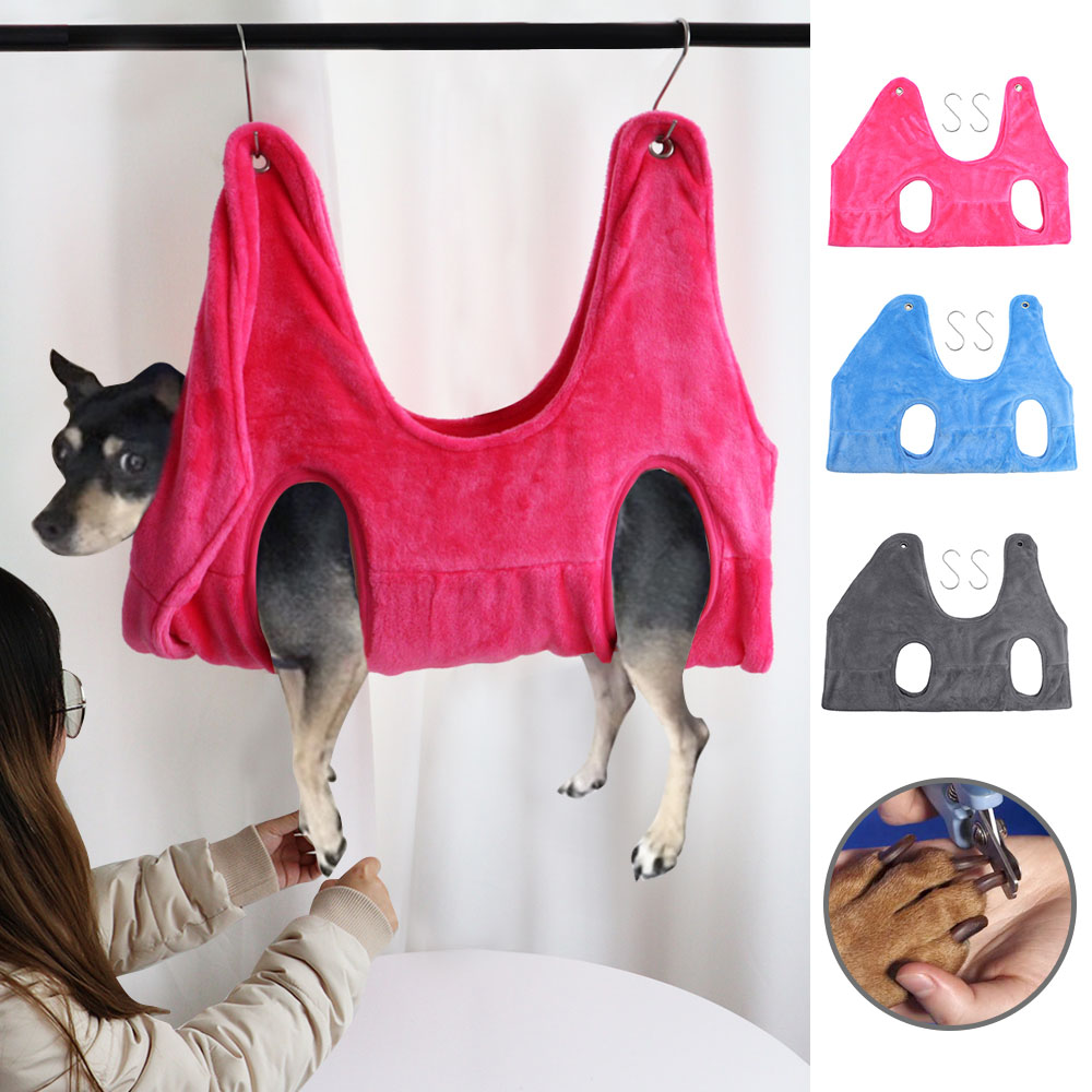 KFX-4816317 Pet Grooming Hammock Restraint Bag – Soft Falai Velvet in Blue, Rose Red, and Gray, Sizes S/M/L