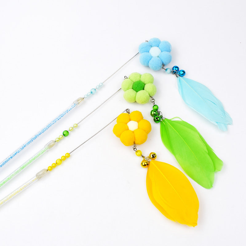 KFX-4816957 Cat Toy with Plush and Feather, 25cm Grip, 18cm Fringe, Steel Wire 13cm