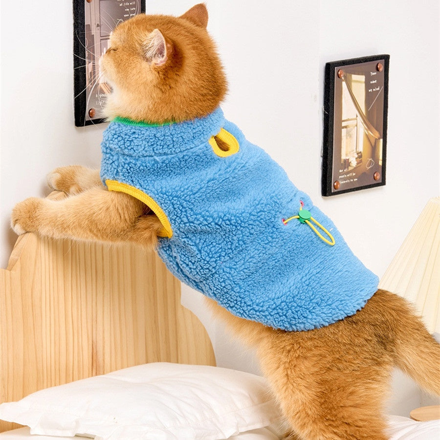 KFX-4818493 Cozy Lambswool Cat Vest with Stylish Edges in White Pink and Blue Green