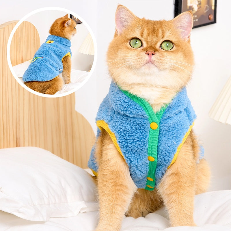 KFX-4818493 Cozy Lambswool Cat Vest with Stylish Edges in White Pink and Blue Green