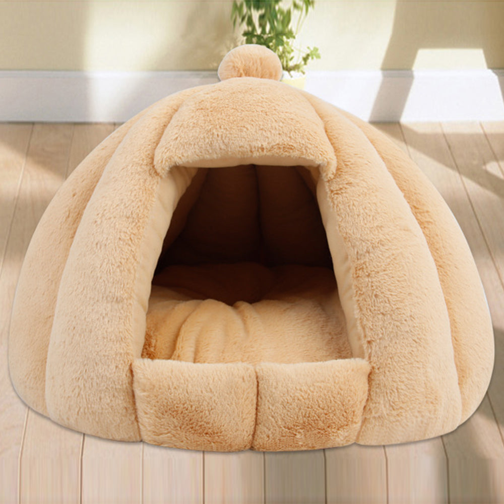 KFX-4821949 Thickened Plush Yurt Nest for Cats and Dogs - Cozy Rabbit and Pull Plush Design in Orange, Yellow, and Grey