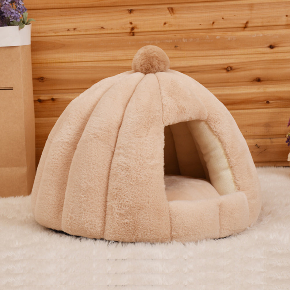 KFX-4821949 Thickened Plush Yurt Nest for Cats and Dogs - Cozy Rabbit and Pull Plush Design in Orange, Yellow, and Grey