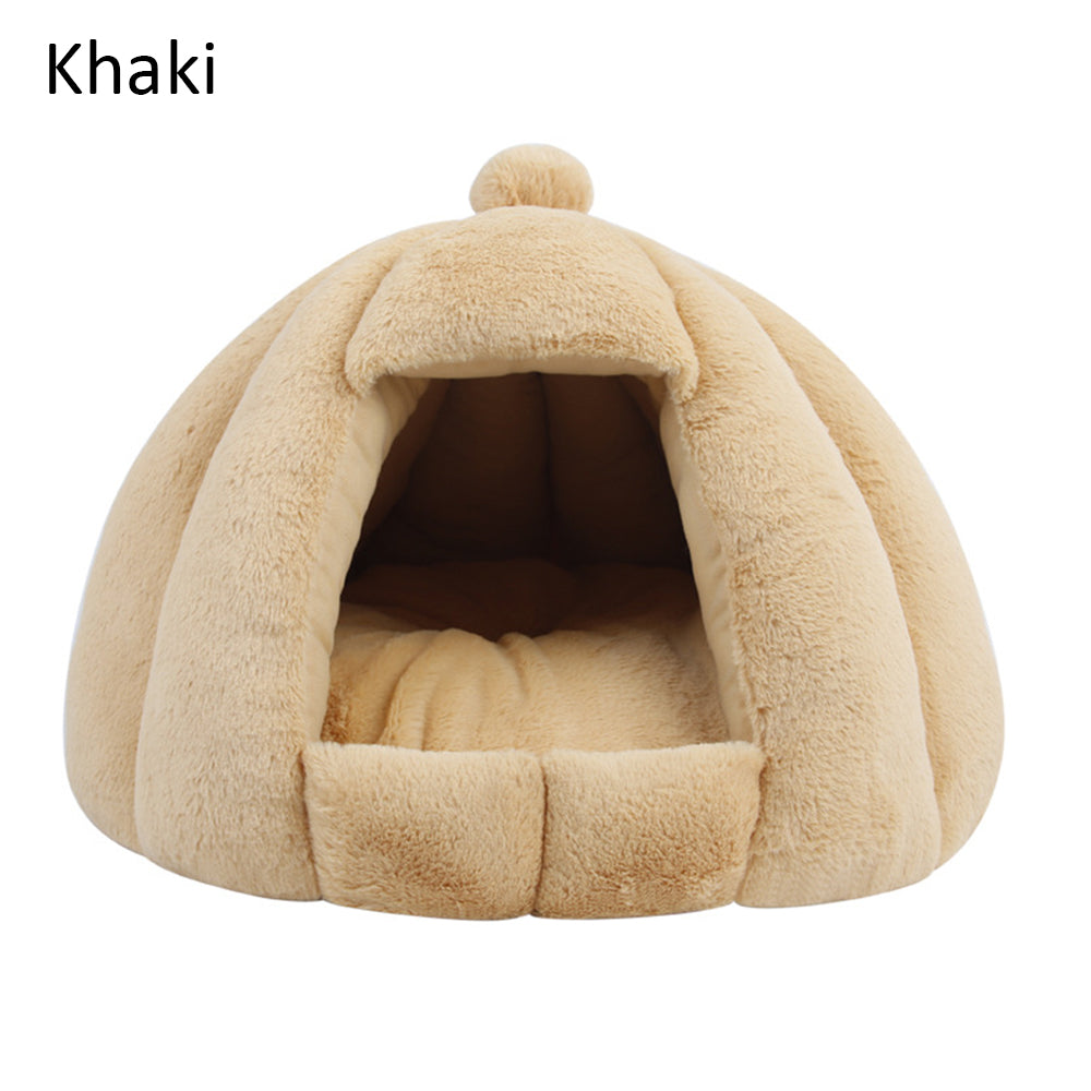 KFX-4821949 Thickened Plush Yurt Nest for Cats and Dogs - Cozy Rabbit and Pull Plush Design in Orange, Yellow, and Grey