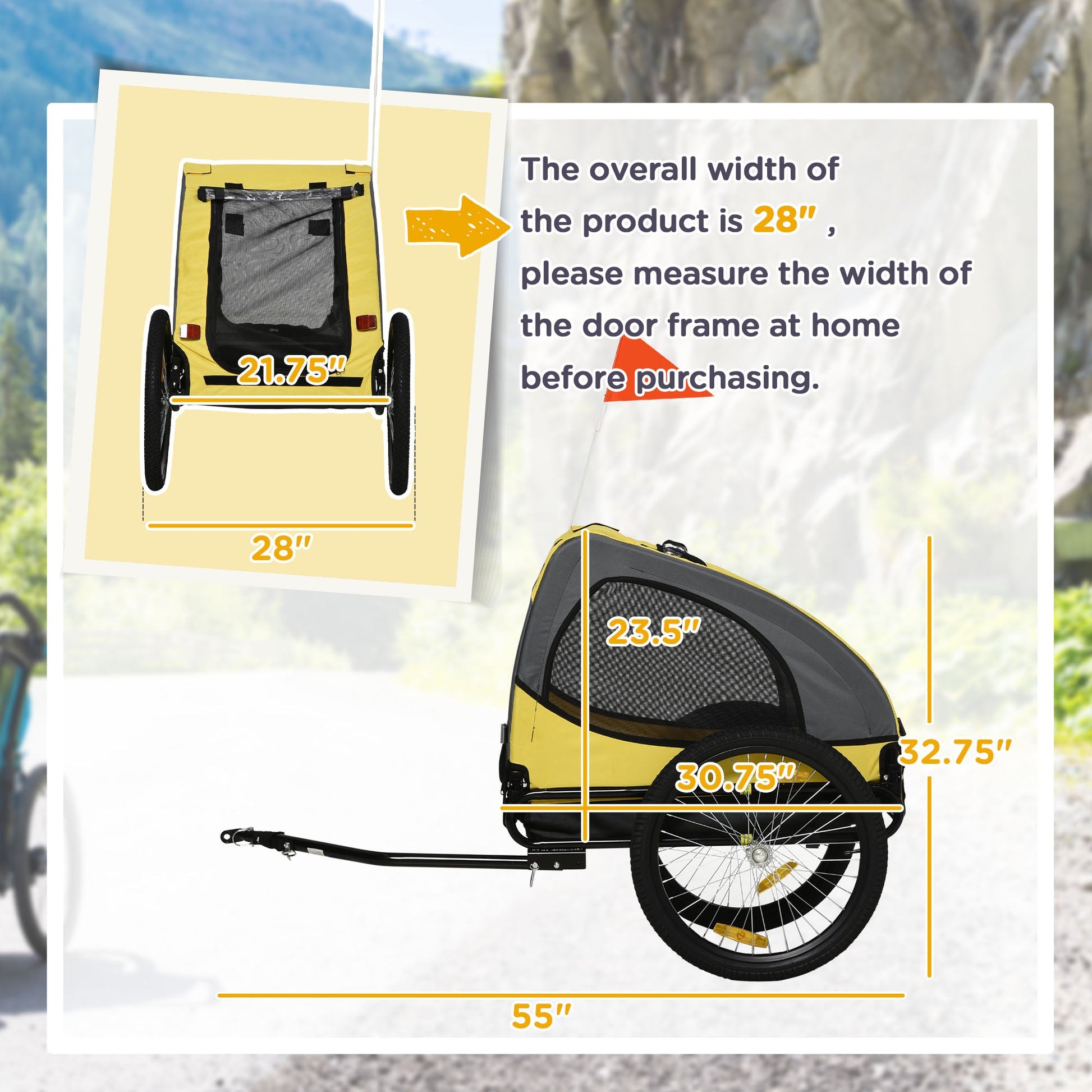 KFX-4823357 Dog Bike Trailer with Mesh Windows and Safety Leash, Fits Medium Dogs Up to 44 lbs, Quick-Release Wheels, Yellow
