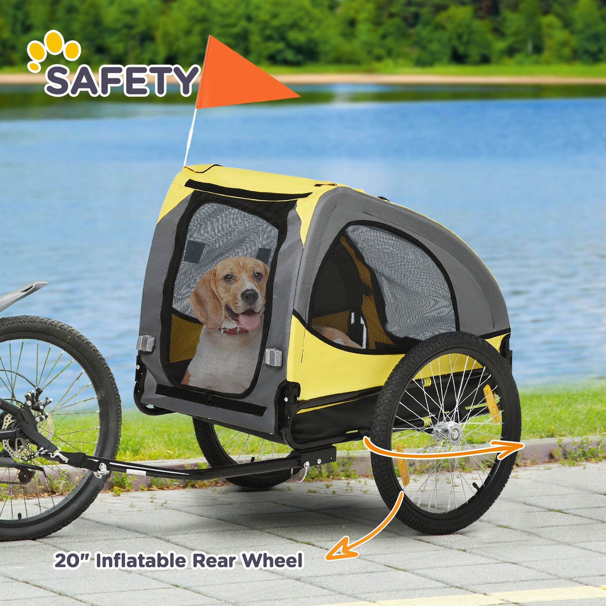 KFX-4823357 Dog Bike Trailer with Mesh Windows and Safety Leash, Fits Medium Dogs Up to 44 lbs, Quick-Release Wheels, Yellow