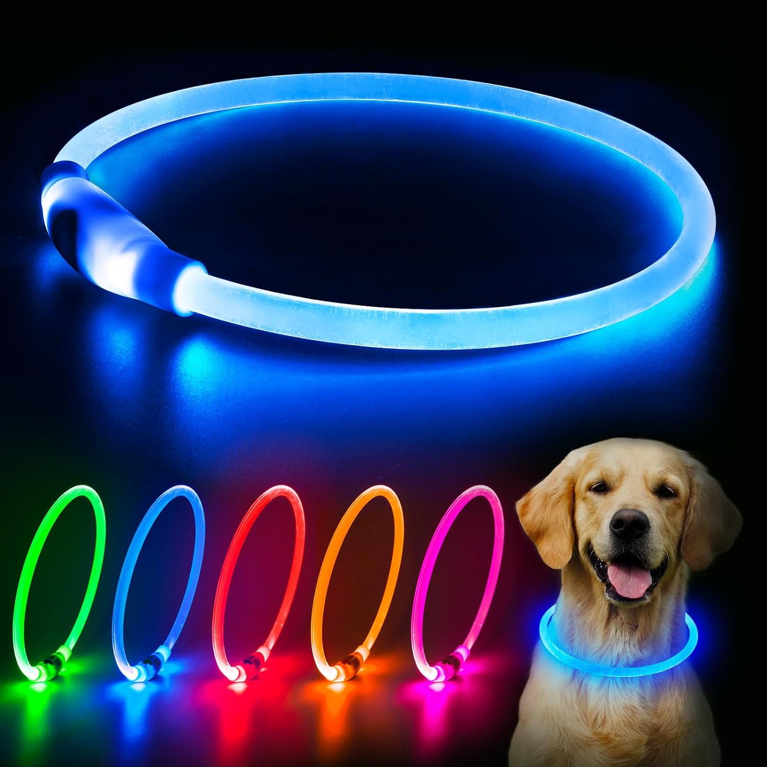 KFX-4825149 LED Dog Collar - Rechargeable Glow in the Dark Safety Necklace for Pets, Adjustable Fit, USB Charging