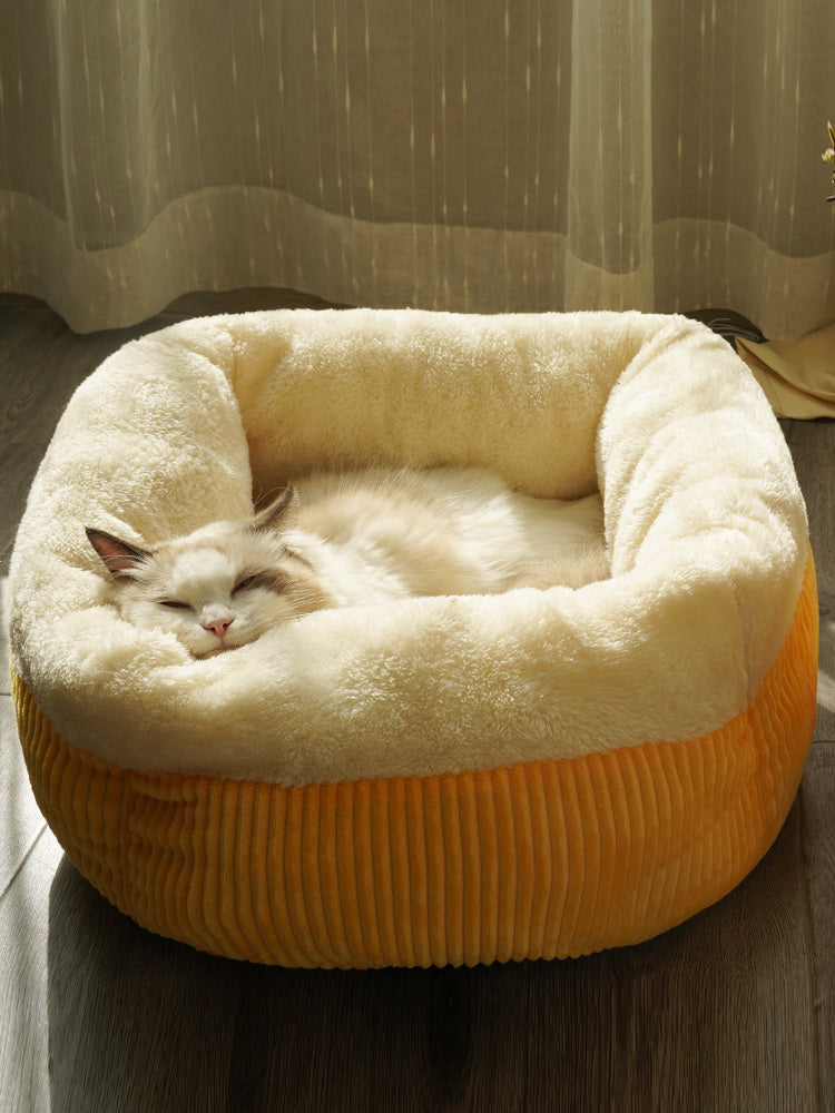 KFX-4827709 Cozy Semi-Enclosed Cat Bed with Blanket - Arctic Fleece & Flannel