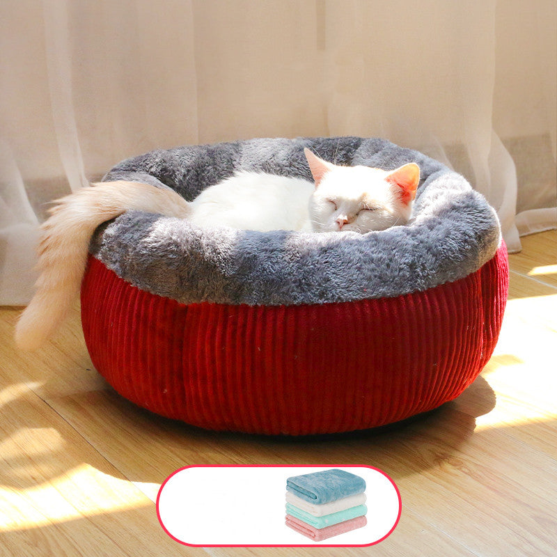 KFX-4827709 Cozy Semi-Enclosed Cat Bed with Blanket - Arctic Fleece & Flannel