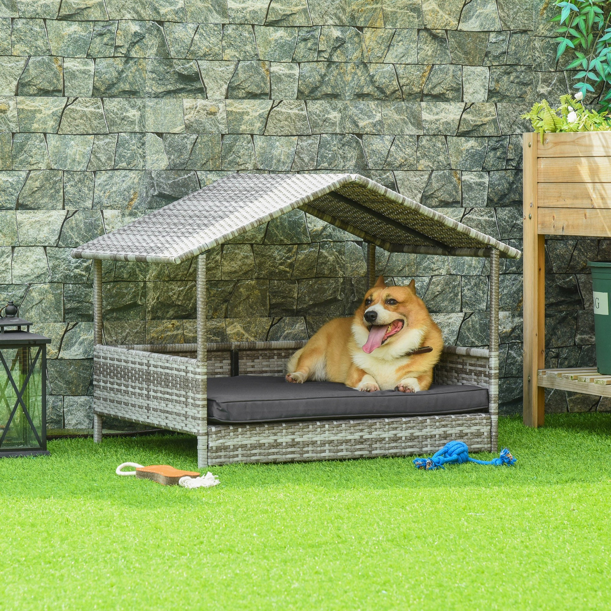 KFX-4832061 Elevated Rattan Dog House with Removable Cushion in Charcoal Gray