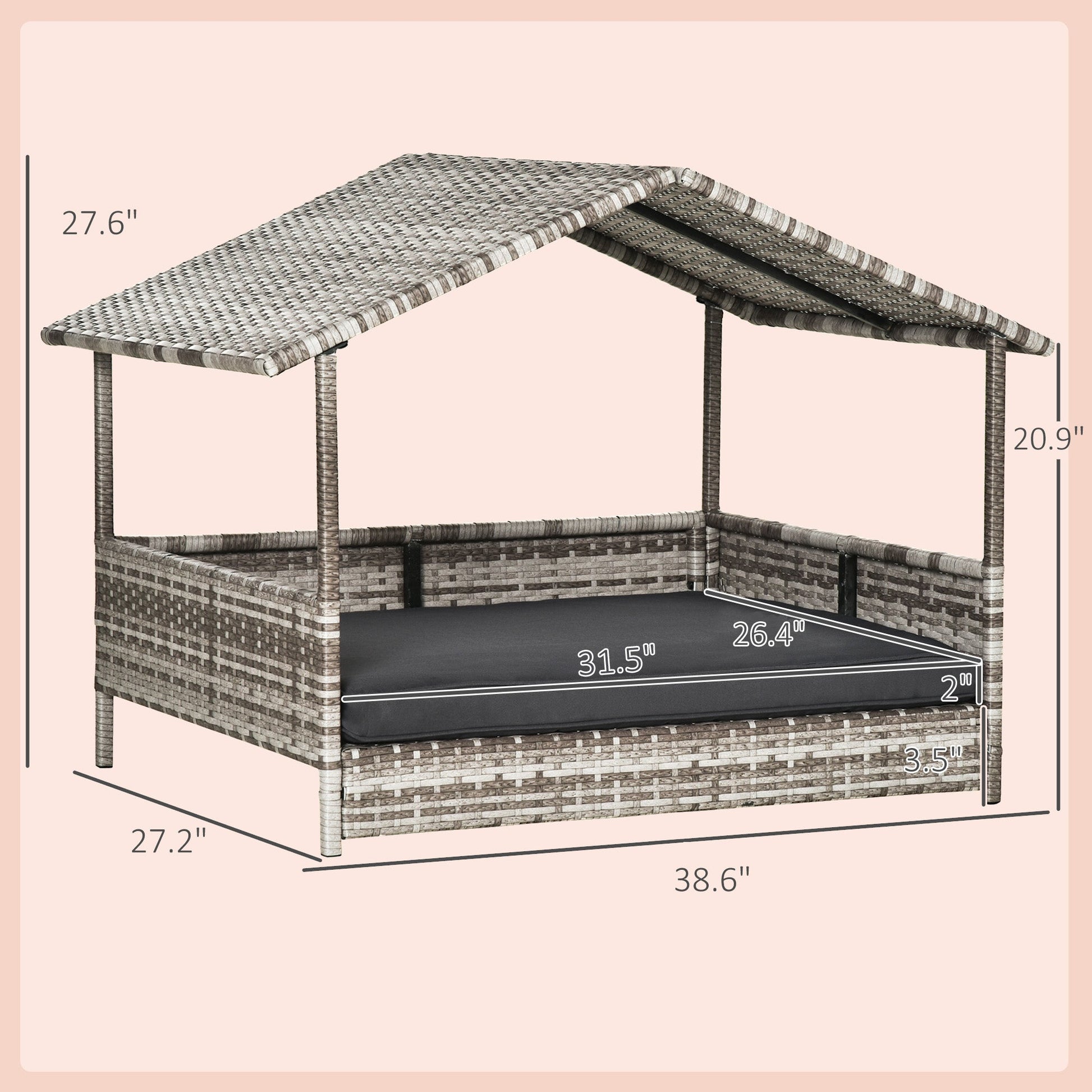 KFX-4832061 Elevated Rattan Dog House with Removable Cushion in Charcoal Gray