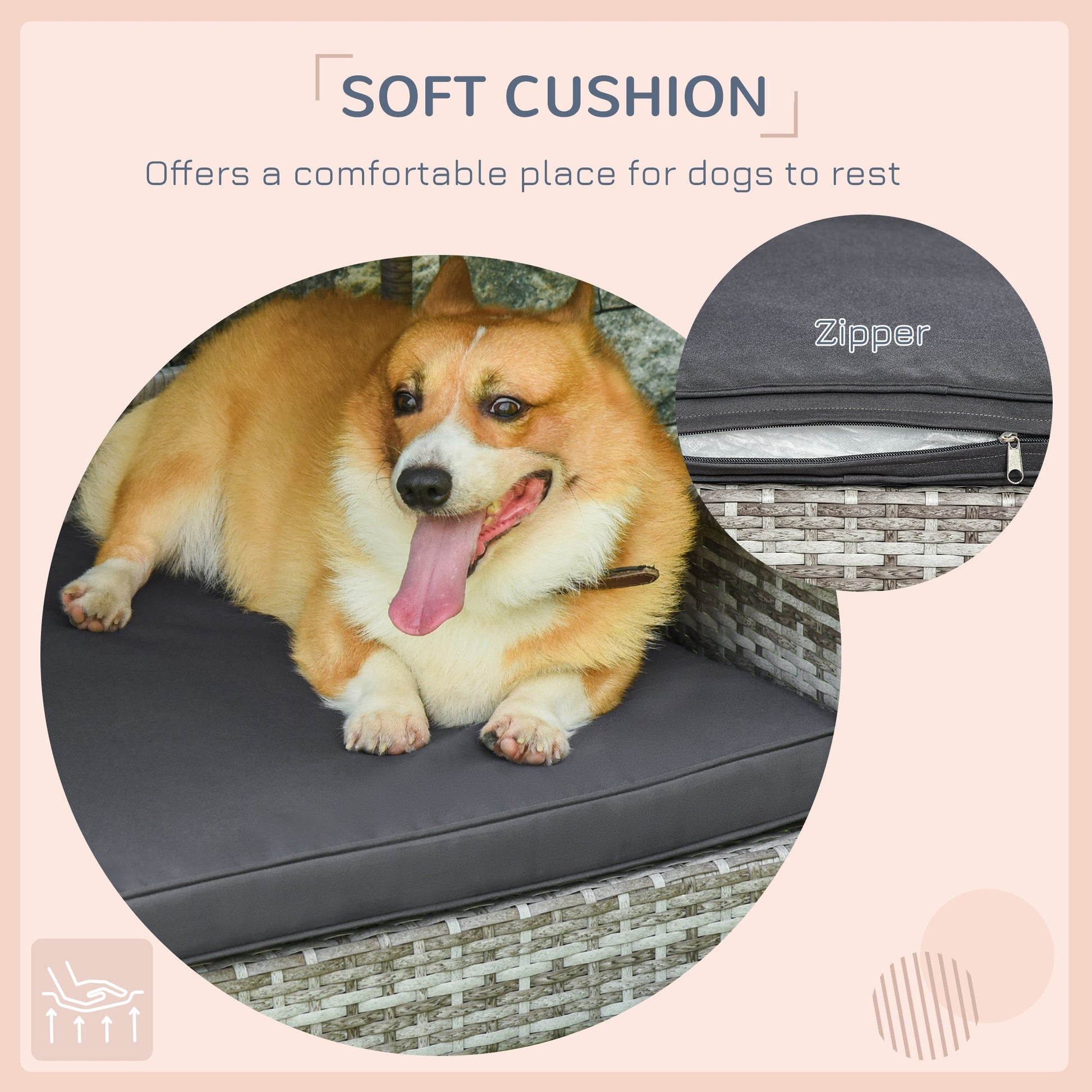 KFX-4832061 Elevated Rattan Dog House with Removable Cushion in Charcoal Gray