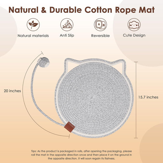 KFX-4836669 Natural Cotton Rope Cat Scratcher Pad with Hanging Toy - Round Floor Scratching Mat for Indoor Cats