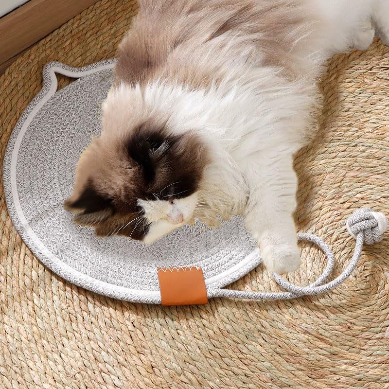KFX-4836669 Natural Cotton Rope Cat Scratcher Pad with Hanging Toy - Round Floor Scratching Mat for Indoor Cats