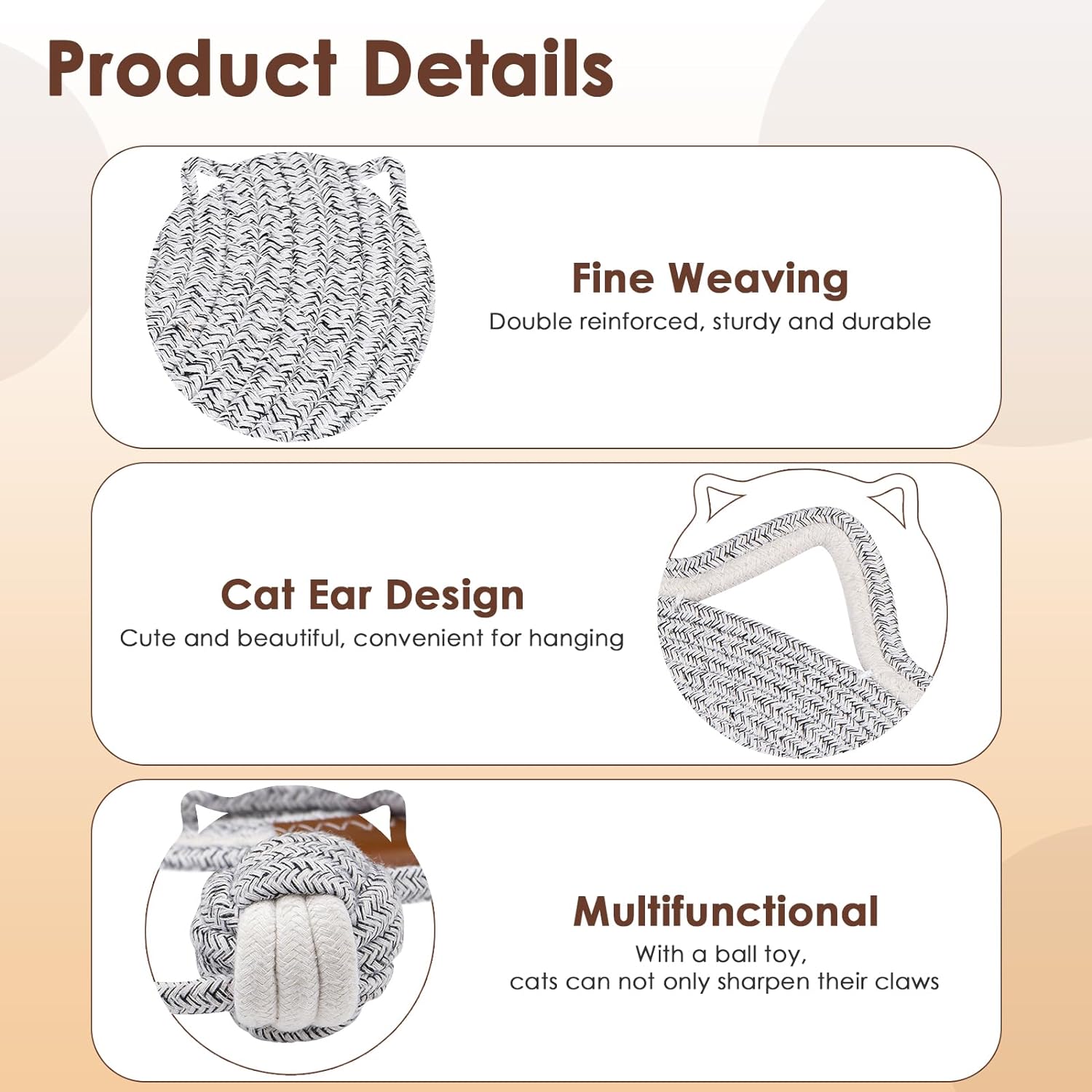 KFX-4836669 Natural Cotton Rope Cat Scratcher Pad with Hanging Toy - Round Floor Scratching Mat for Indoor Cats
