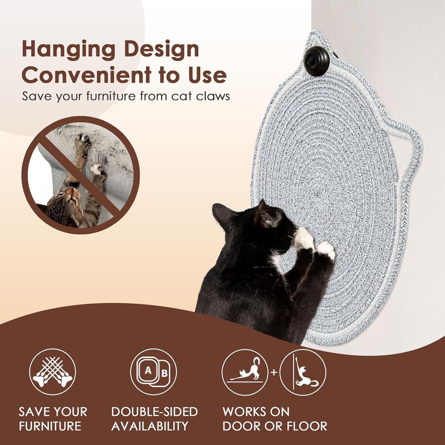 KFX-4836669 Natural Cotton Rope Cat Scratcher Pad with Hanging Toy - Round Floor Scratching Mat for Indoor Cats
