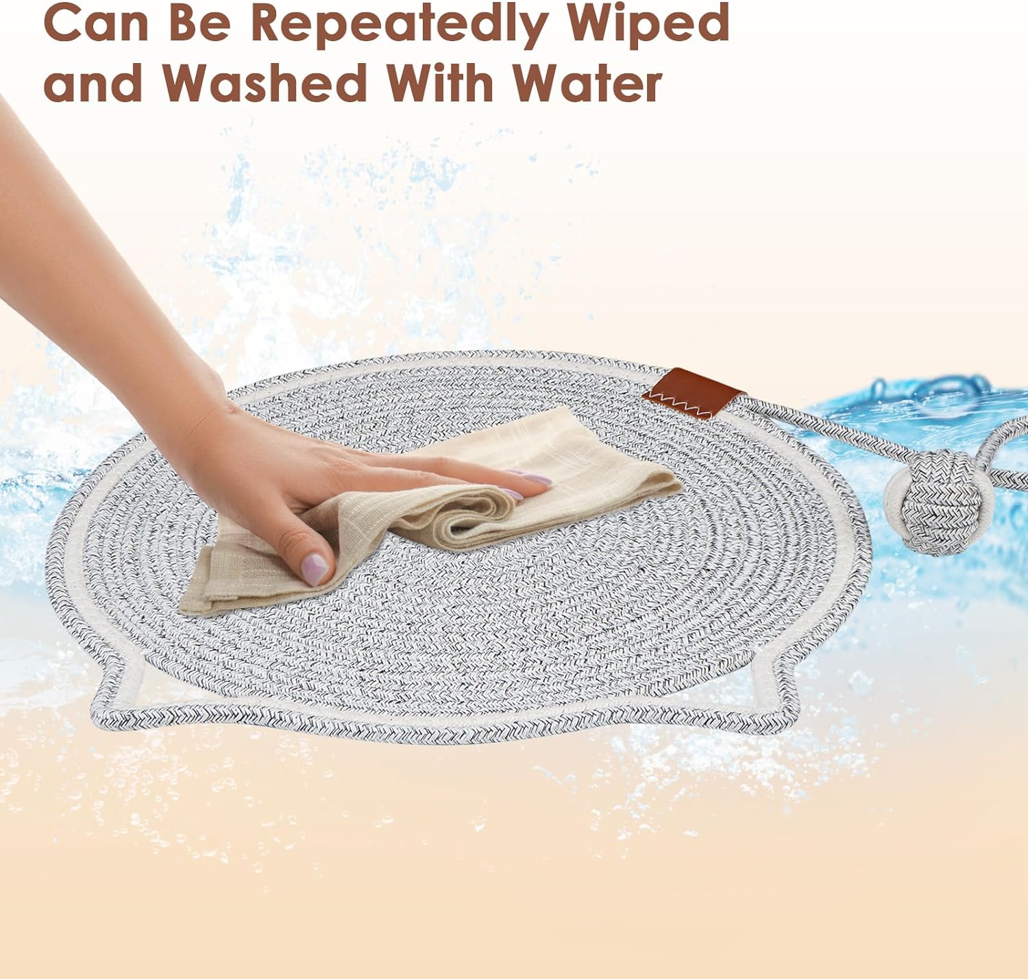 KFX-4836669 Natural Cotton Rope Cat Scratcher Pad with Hanging Toy - Round Floor Scratching Mat for Indoor Cats