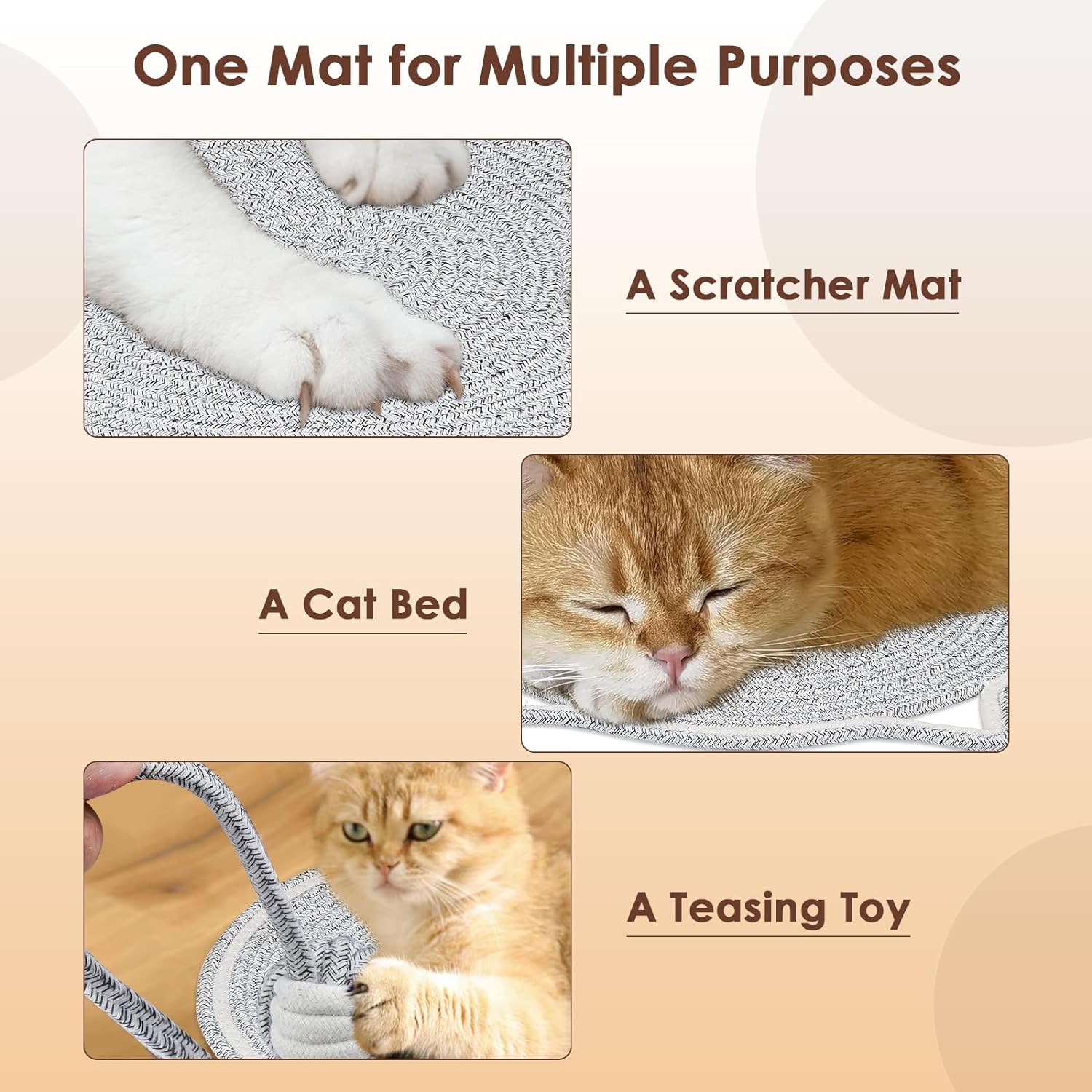 KFX-4836669 Natural Cotton Rope Cat Scratcher Pad with Hanging Toy - Round Floor Scratching Mat for Indoor Cats