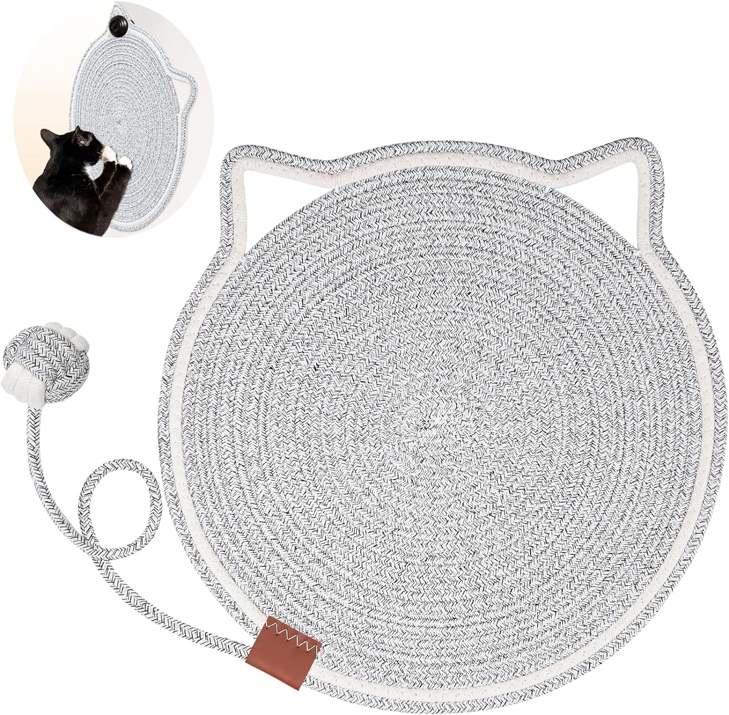 KFX-4836669 Natural Cotton Rope Cat Scratcher Pad with Hanging Toy - Round Floor Scratching Mat for Indoor Cats