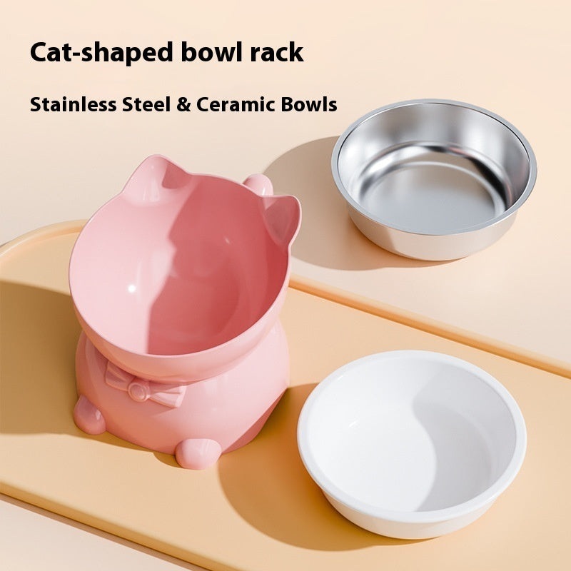 KFX-4839357 Stainless Steel Anti-Fall Oblique Cat Bowl in Black, Yellow, Pink, and Blue