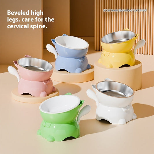 KFX-4839357 Stainless Steel Anti-Fall Oblique Cat Bowl in Black, Yellow, Pink, and Blue
