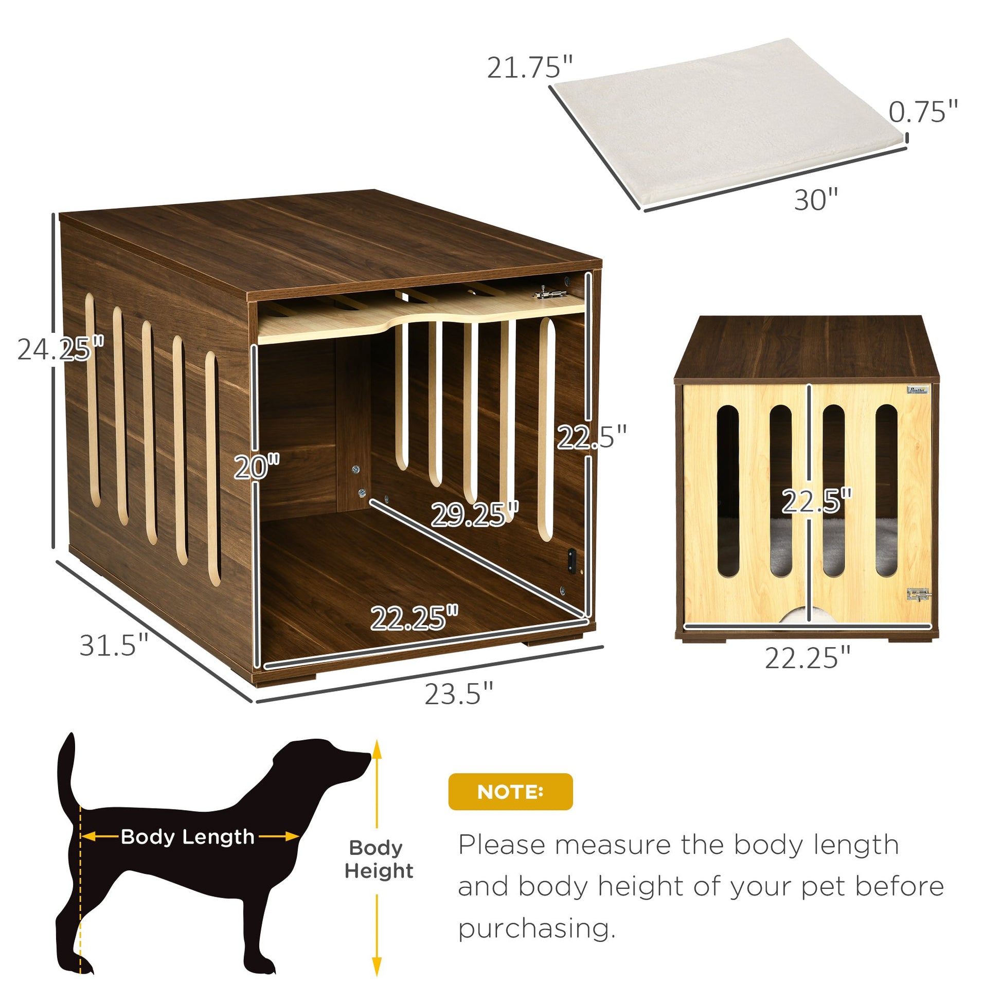KFX-4842813 Furniture Style Dog Crate End Table with Cushioned Bed and Removable Door Panel for Small to Medium Dogs, Brown