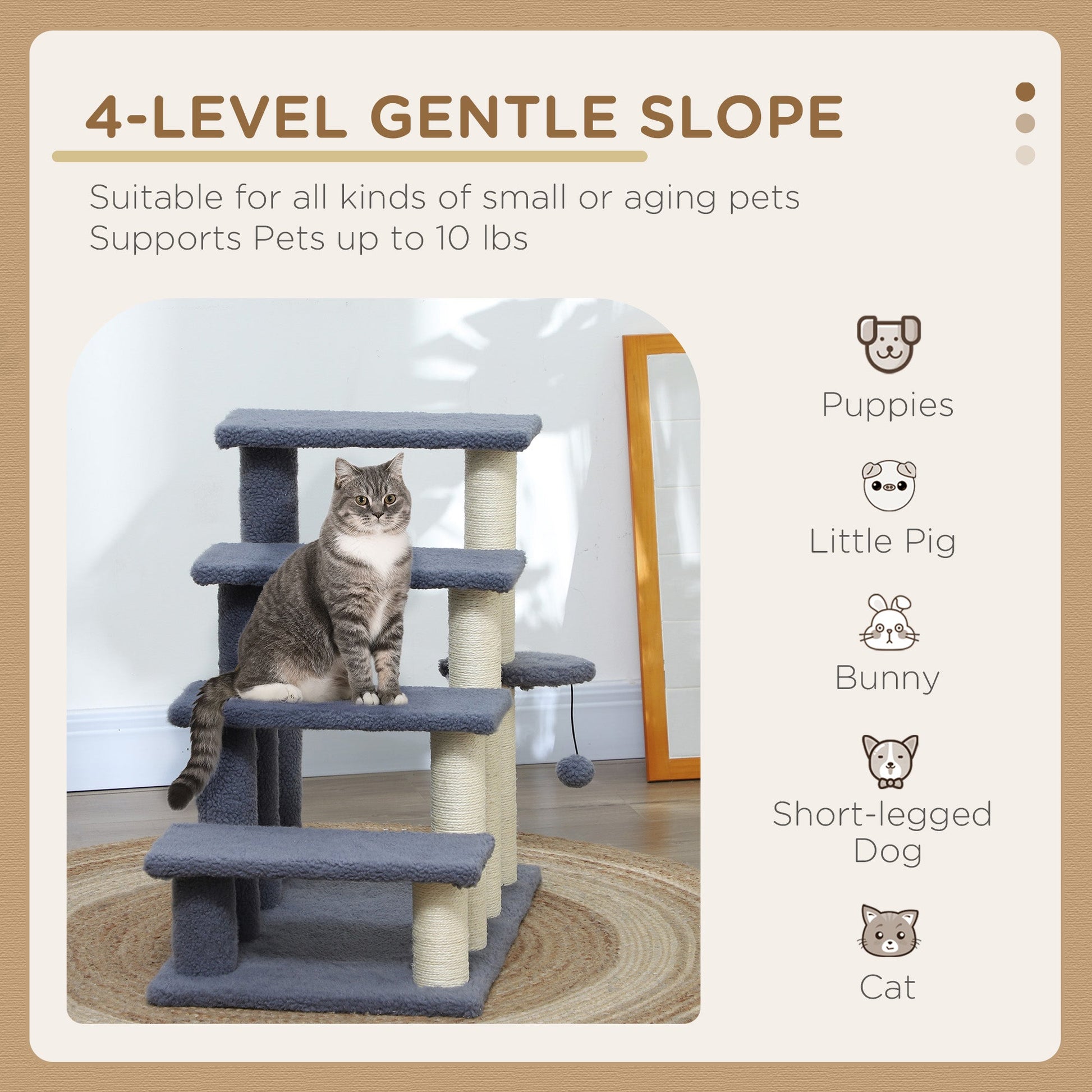 KFX-4848189 4-Level Cat Steps with Scratching Posts for Comfortable Access to Furniture, Gray