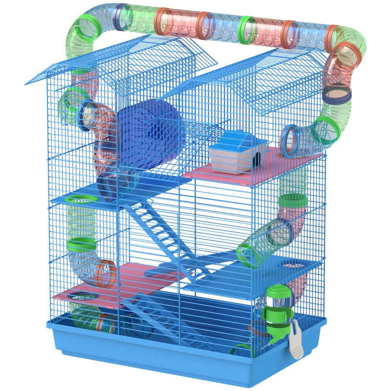 KFX-4848573 5-Tier Blue Hamster Cage with Tubes, Ramps, and Accessories for Small Pets