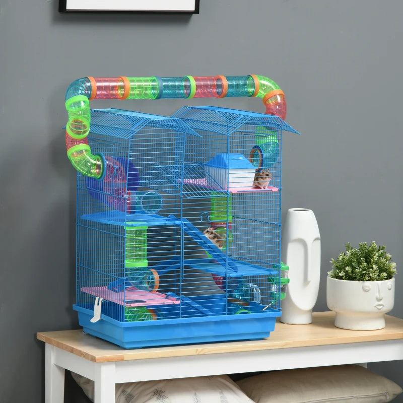 KFX-4848573 5-Tier Blue Hamster Cage with Tubes, Ramps, and Accessories for Small Pets