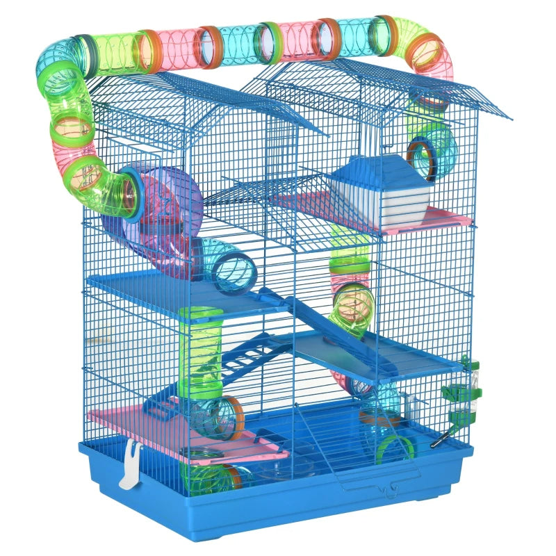 KFX-4848573 5-Tier Blue Hamster Cage with Tubes, Ramps, and Accessories for Small Pets