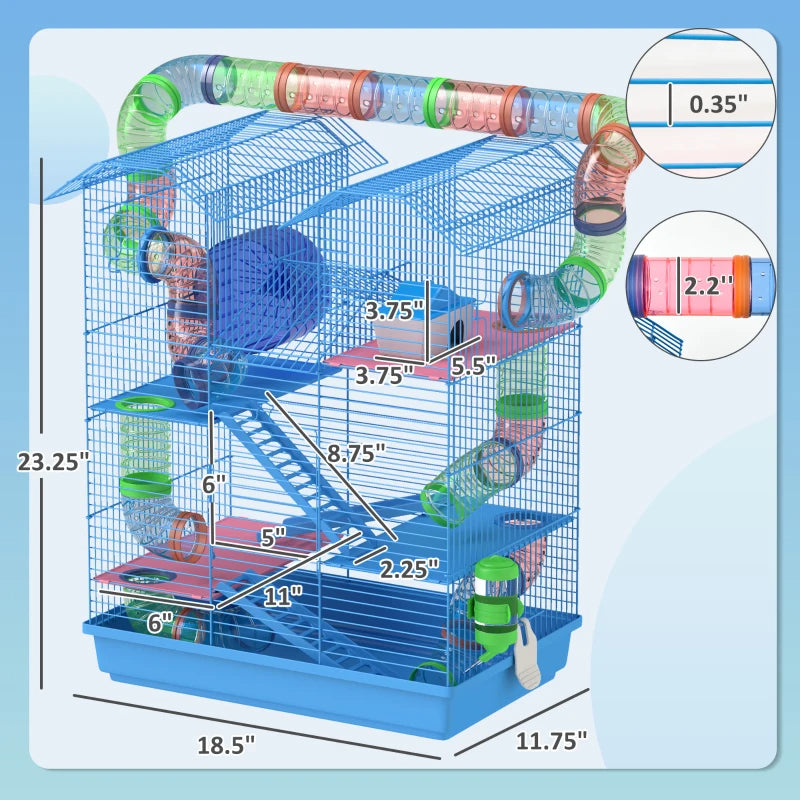 KFX-4848573 5-Tier Blue Hamster Cage with Tubes, Ramps, and Accessories for Small Pets