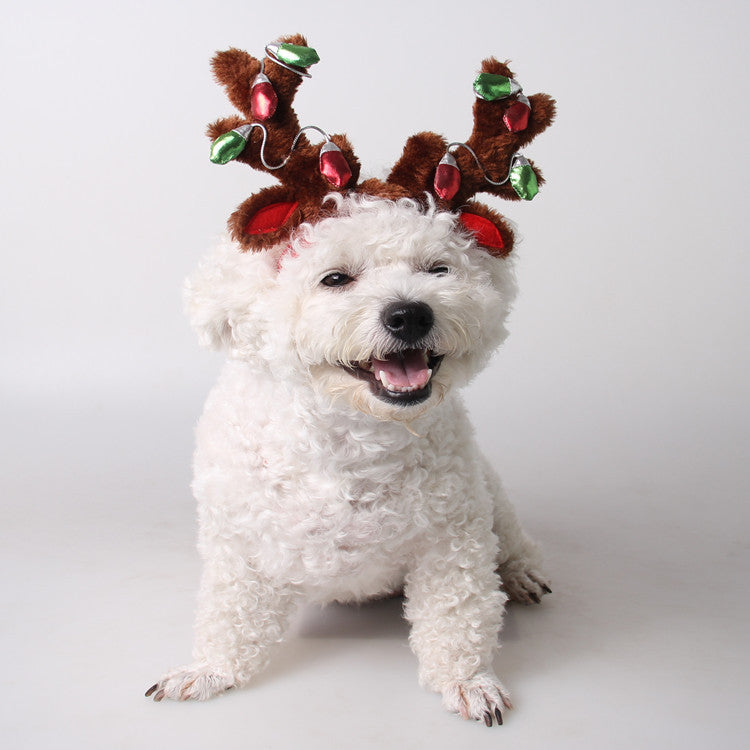 KFX-4852285 Christmas Reindeer Dog Hat with Adjustable Elastic Band and Floral Decor for Small and Large Dogs