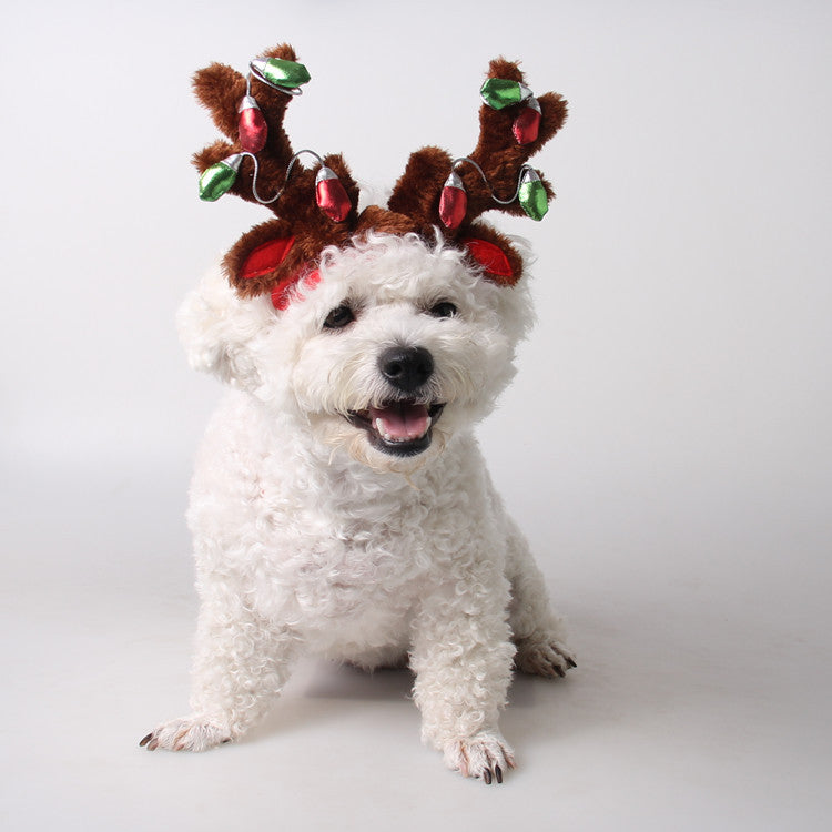 KFX-4852285 Christmas Reindeer Dog Hat with Adjustable Elastic Band and Floral Decor for Small and Large Dogs