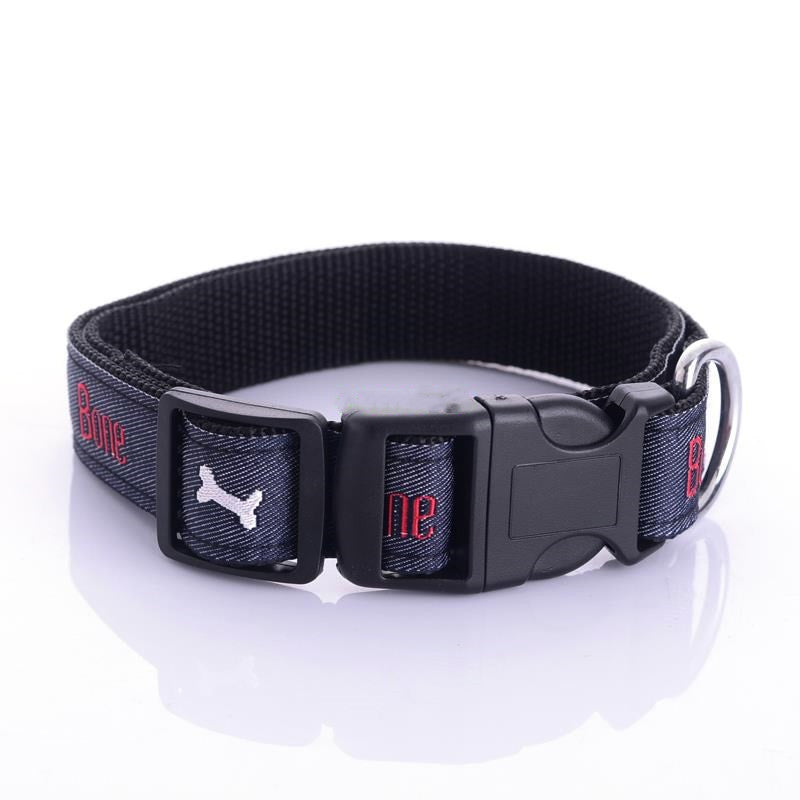 KFX-4852669 Embroidered Leather Dog Collar with Bone Design and Matching Leash in Various Sizes