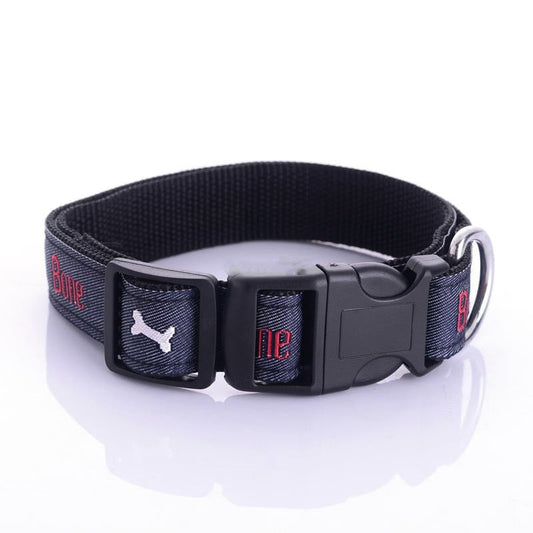 KFX-4852669 Embroidered Leather Dog Collar with Bone Design and Matching Leash in Various Sizes