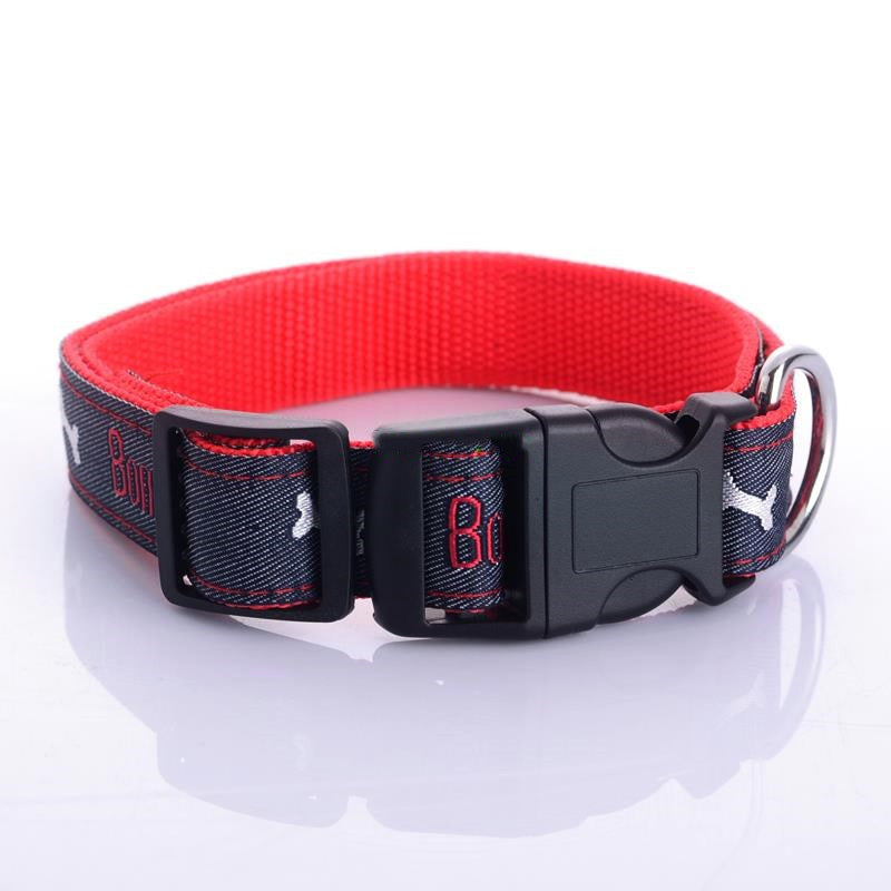 KFX-4852669 Embroidered Leather Dog Collar with Bone Design and Matching Leash in Various Sizes