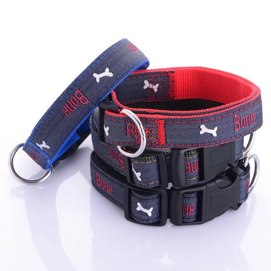 KFX-4852669 Embroidered Leather Dog Collar with Bone Design and Matching Leash in Various Sizes