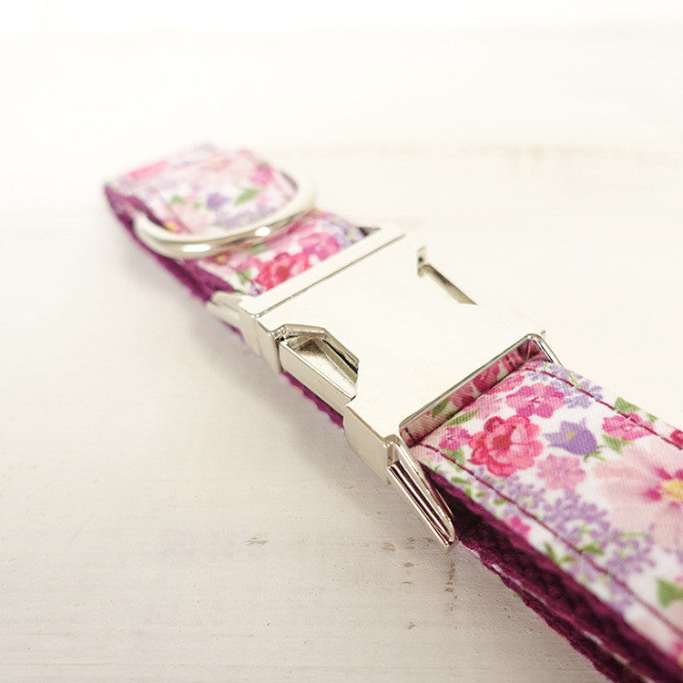 KFX-4858429 Durable Purple Flower Metal Buckle Dog Collar, Adjustable Polyester Design for All Breeds