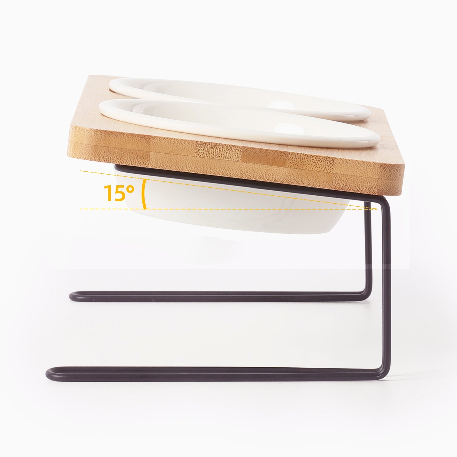 KFX-4866365 Tall Ceramic Cat Water Bowl with Bamboo and Iron Frame, Non-Slip Design, 2 Bowls Included