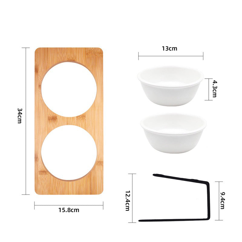 KFX-4866365 Tall Ceramic Cat Water Bowl with Bamboo and Iron Frame, Non-Slip Design, 2 Bowls Included