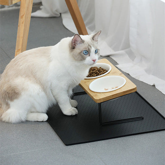 KFX-4866365 Tall Ceramic Cat Water Bowl with Bamboo and Iron Frame, Non-Slip Design, 2 Bowls Included
