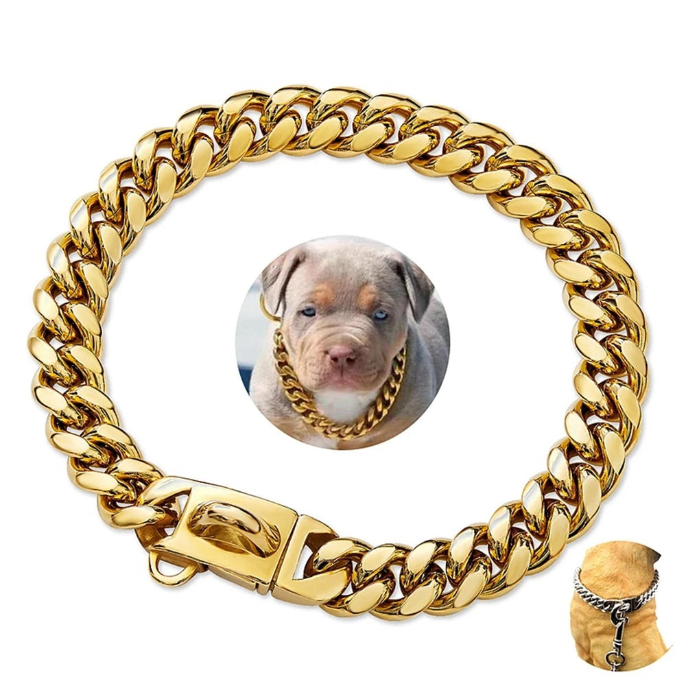 KFX-4868157 14mm Stainless Steel Cuban Chain Dog Collar with Lock Buckle in Gold and Silver